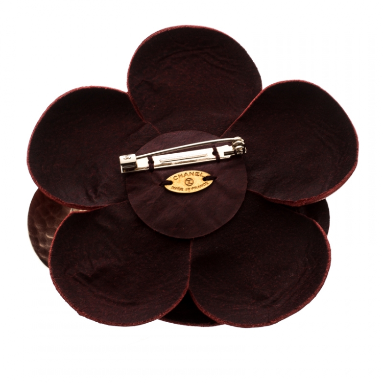 Chanel Camellia Red Leather Gold Tone Brooch Chanel
