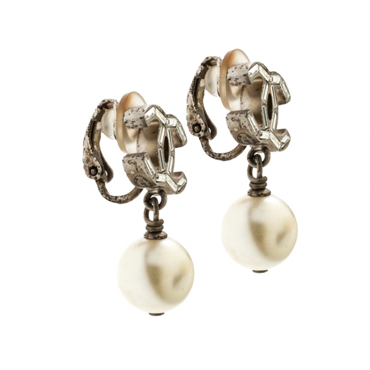 Chanel CC Crystal Faux Pearl Gold Tone Drop Earrings Chanel