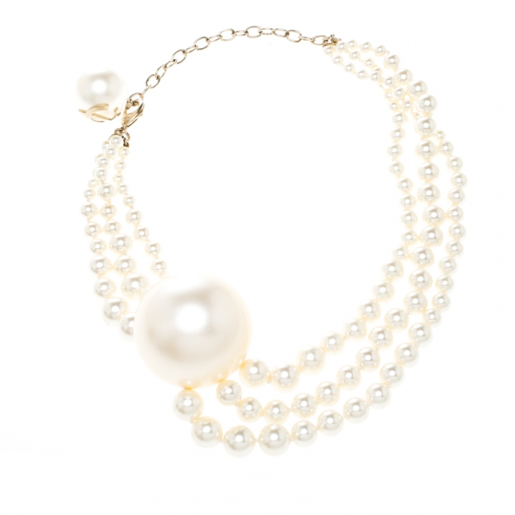 Chanel CC Faux Pearl Multi Strand Gold Tone Choker Necklace Chanel