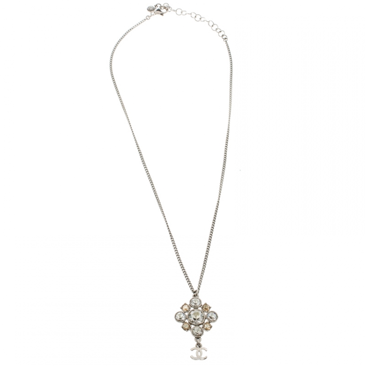 Chanel CC Floral Crystal Embedded Pendant Silver Tone Necklace Chanel
