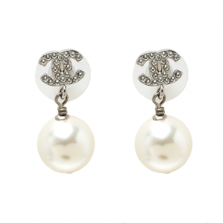 Chanel CC Crystal Embellished Faux Pearl Drop Earrings Chanel