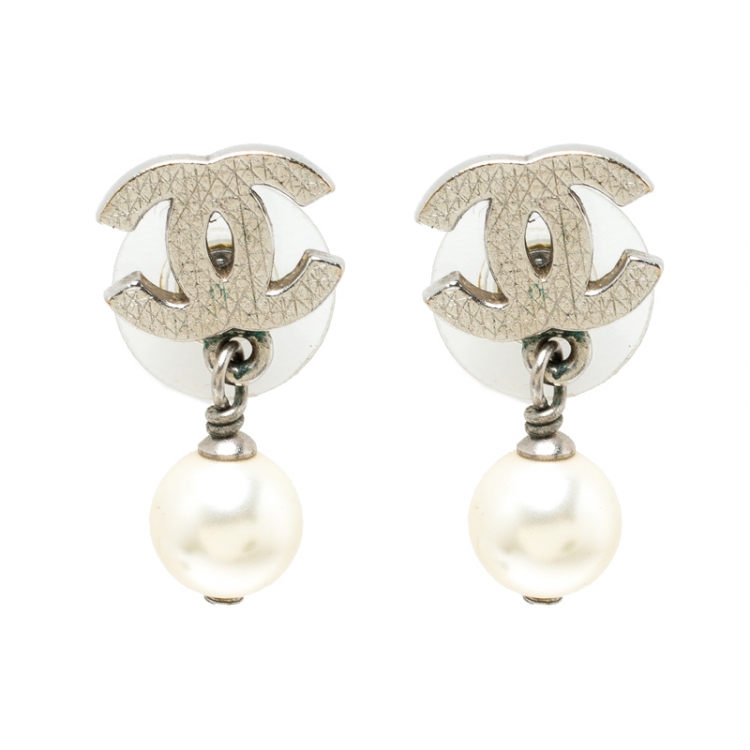 Chanel CC Crystal & Faux Pearl Earrings - Silver, Silver-Tone