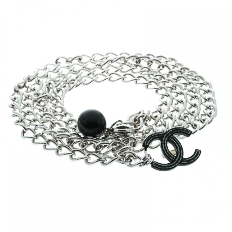 Pre Owned Chanel CC Black Resin Silver Tone Chain Link Belt