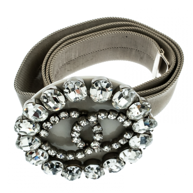 Pre Owned Chanel CC Crystal Embellished Silver Tone Mesh Belt
