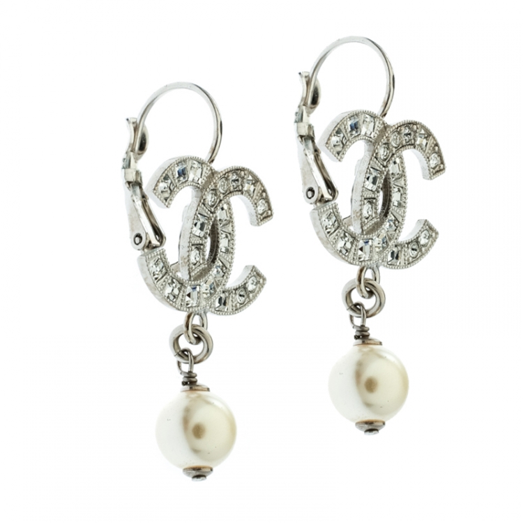 Chanel CC Drop Earrings Crystal Pearl Silver for Women