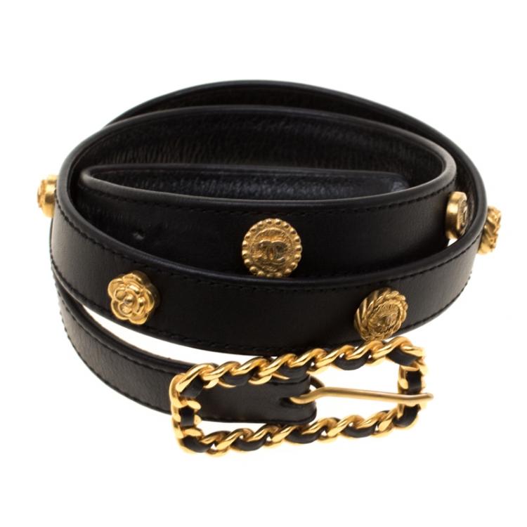 Pre Owned Chanel Black Leather and Metal Belt Size 70CM