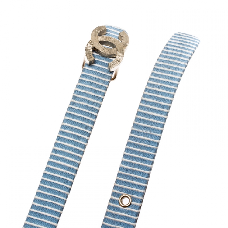 Pre Owned Chanel Blue/White Stripe Fabric CC Buckle Waist Belt 75CM