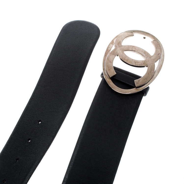 Pre Owned Chanel Black Leather CC Logo Buckle Wide Belt 85CM