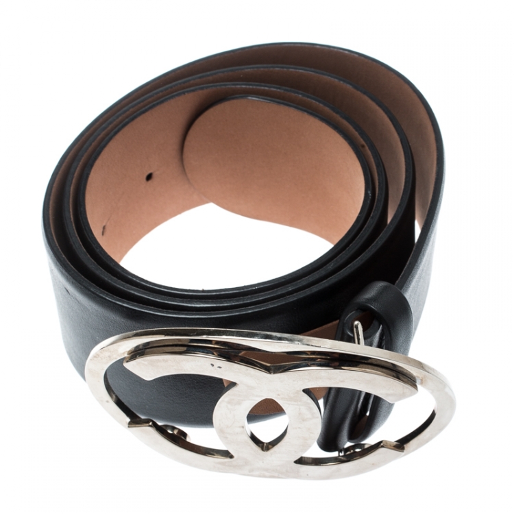 Pre Owned Chanel Black Leather CC Logo Buckle Wide Belt 85CM