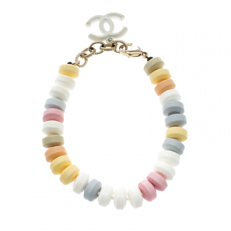 Chanel CC Multicolor Pastel Candy Beaded Gold Tone Bracelet Chanel