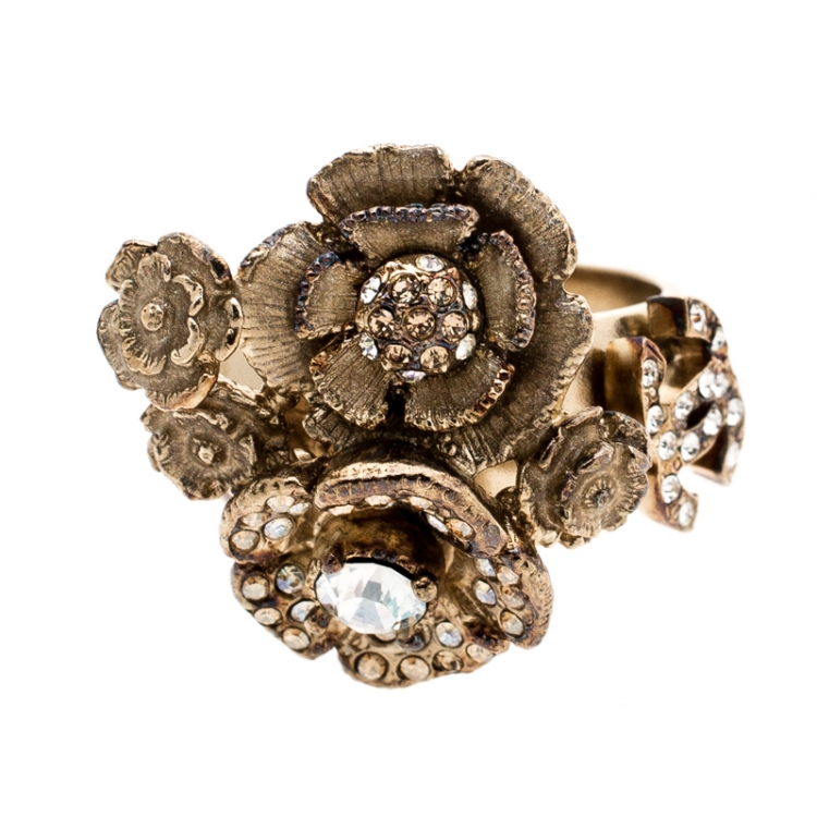 Chanel CC Crystal Camellia Cluster Gold Tone Ring Size EU 55 Chanel