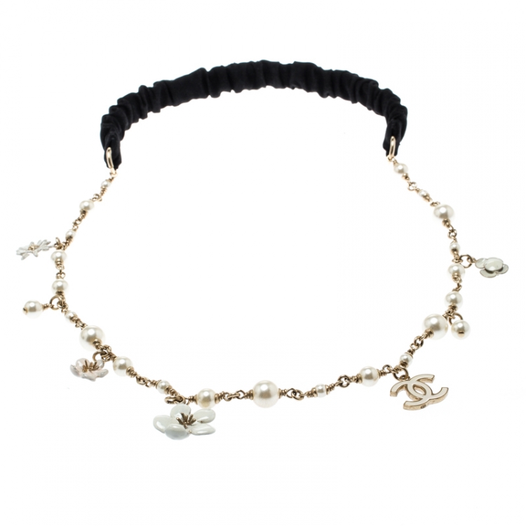 Pre Owned Chanel CC Camellia Charms Faux Pearl Gold Tone Headband