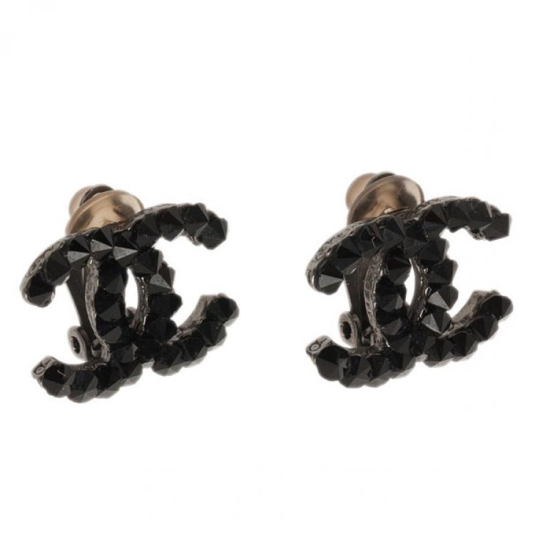 Chanel CC Black Crystal Silver Tone Earrings Chanel