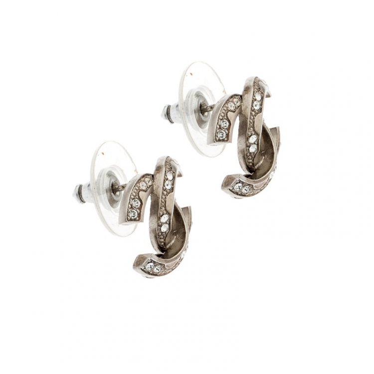 Chanel CC Crystal Silver Tone Stud Earrings Chanel