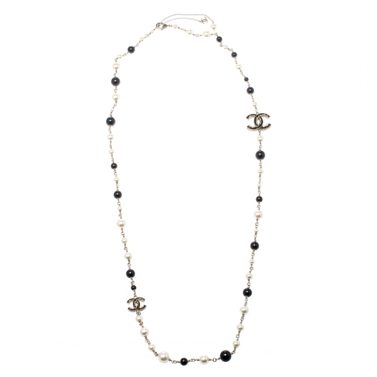 Chanel CC Black Faux Pearl Long Bead Strand Necklace 