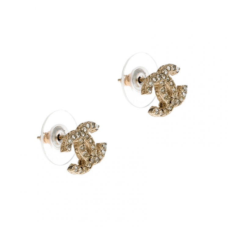 Chanel CC Crystal Gold Tone Mini Stud Earrings Chanel