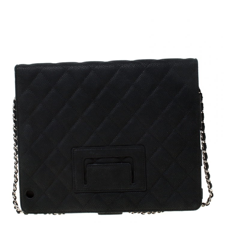 Pre Owned Chanel Black Quilted Nubuck Leather Crossbody iPad Case