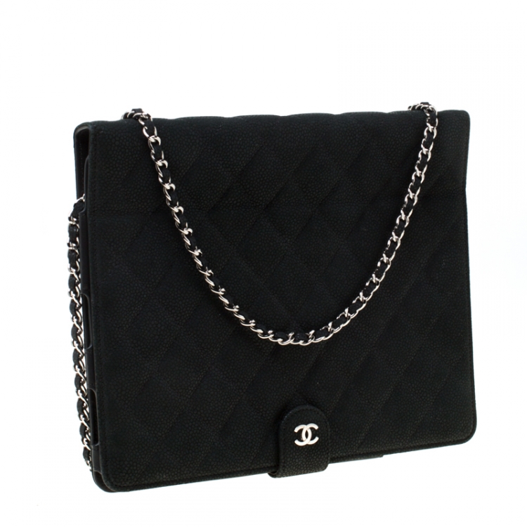 Pre Owned Chanel Black Quilted Nubuck Leather Crossbody iPad Case