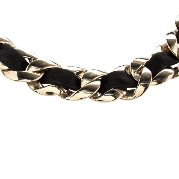 Pre Owned Chanel Black Fabric Gold Tone Chain Link Headband