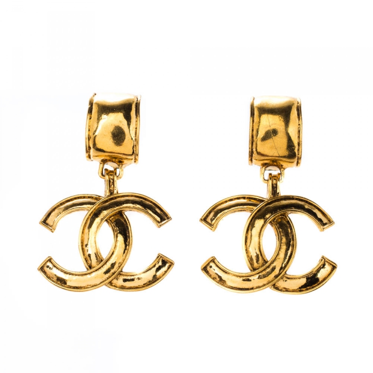 Chanel CC Gold Tone Clip-on Dangle Earrings Chanel | The Luxury Closet