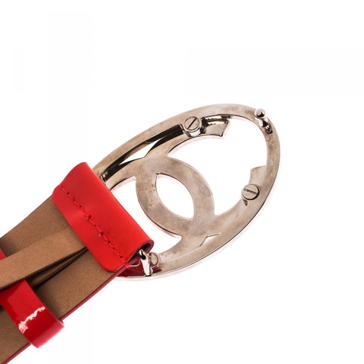 Pre Owned Chanel Orange Patent Leather CC Buckle Belt 70cm