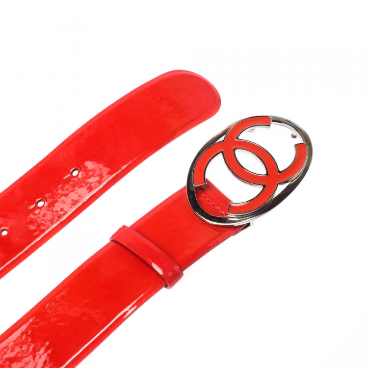 Pre Owned Chanel Orange Patent Leather CC Buckle Belt 70cm