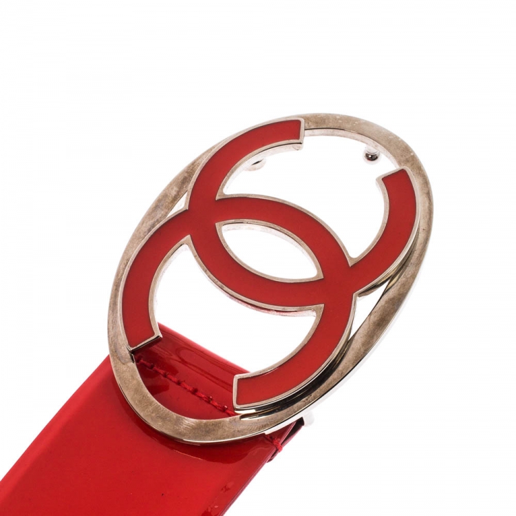 Pre Owned Chanel Orange Patent Leather CC Buckle Belt 70cm