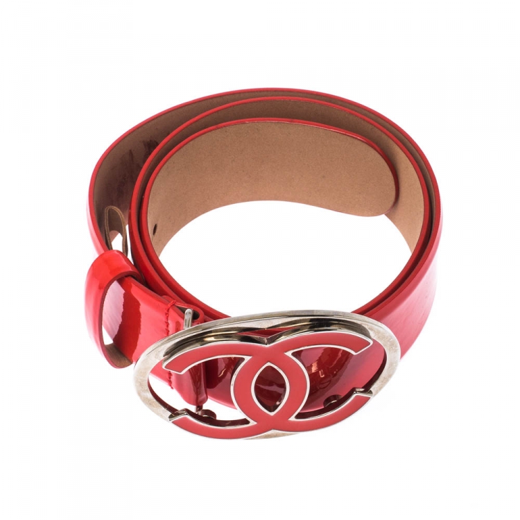 Pre Owned Chanel Orange Patent Leather CC Buckle Belt 70cm