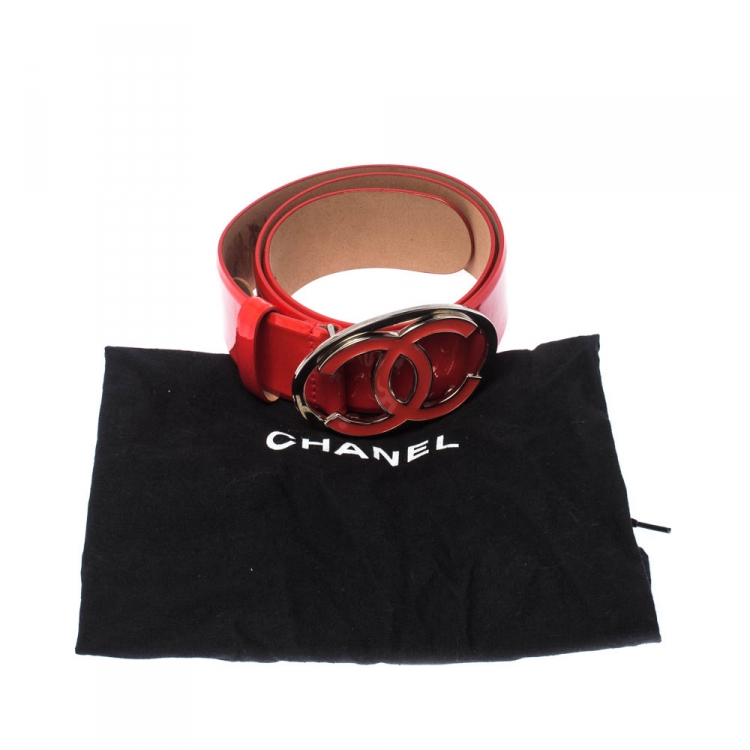 Pre Owned Chanel Orange Patent Leather CC Buckle Belt 70cm