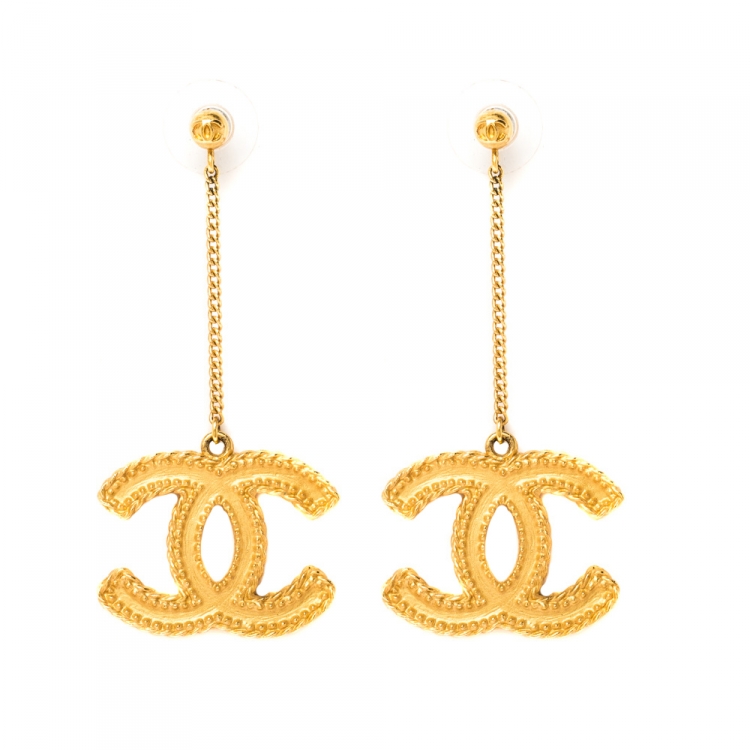 Chanel CC Textured Gold Tone Long Drop Earrings Chanel