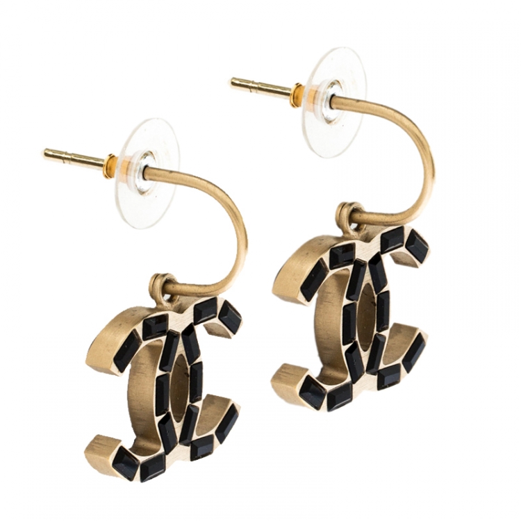Chanel CC Black Crystal Baguette Gold Tone Drop Earrings Chanel