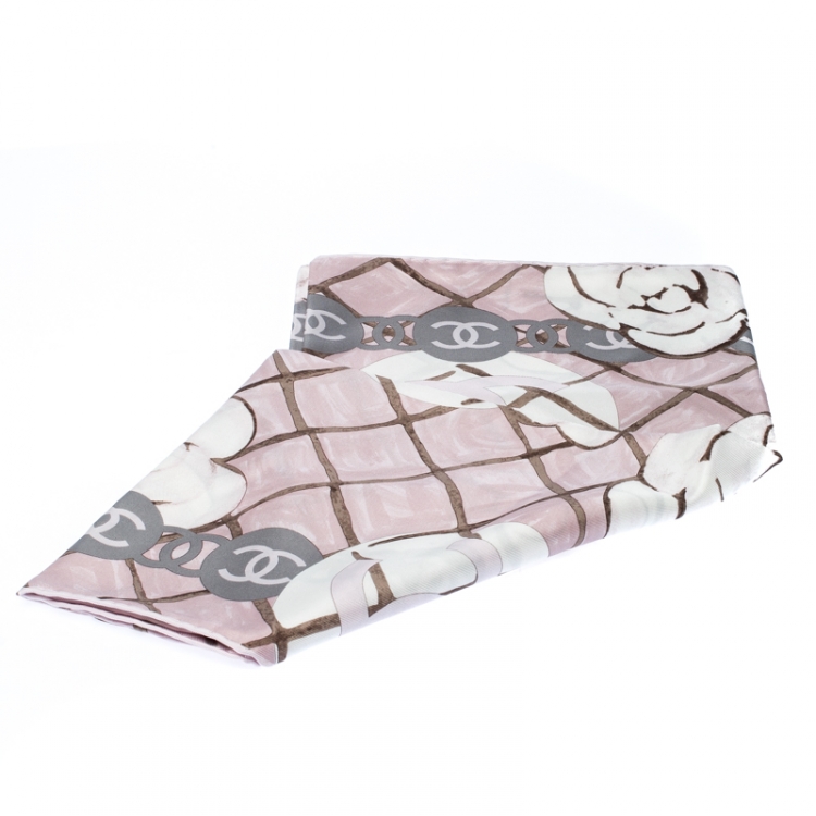 Pre Owned Chanel Light Pink And Grey Printed Silk Camellia Scarf