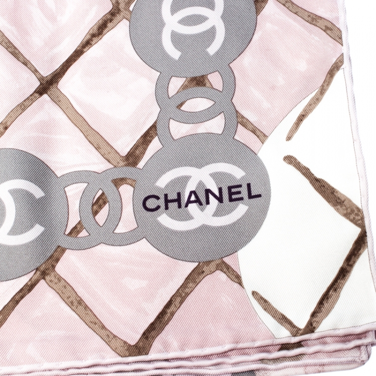 Pre Owned Chanel Light Pink And Grey Printed Silk Camellia Scarf