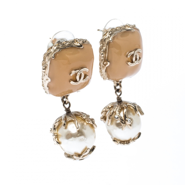 Chanel CC Crystal Gripoix Faux Pearl Gold Tone Drop Earrings Chanel