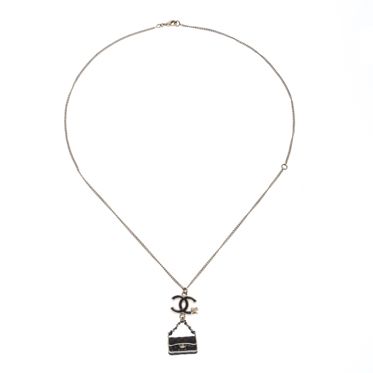 Chanel Silver Enamel CC Logo Pendant Necklace