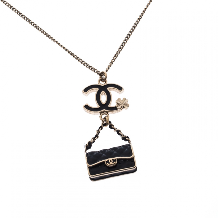 Chanel CC Black Enamel Gold Tone Flap Bag Charm Pendant Necklace Chanel |  The Luxury Closet
