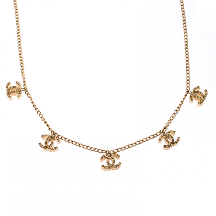 Chanel CC Logo Charm Gold Tone Necklace Chanel