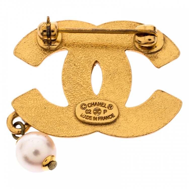 Chanel CC Crystal Faux Pearl Gold Tone Pin Brooch Chanel