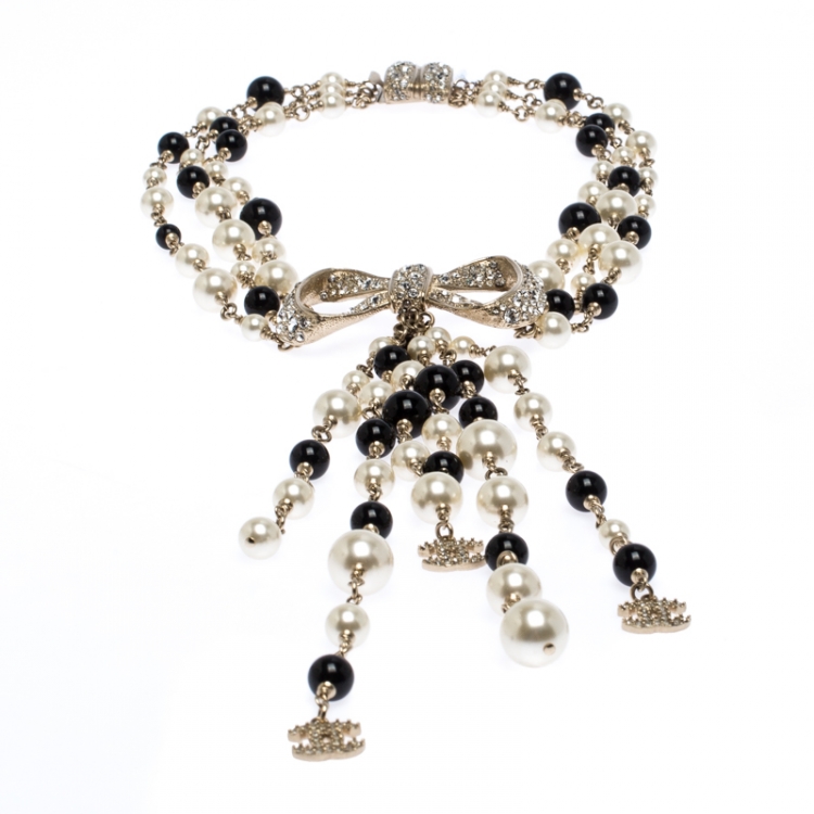 White Imitation Pearl, Black Bead and Silver Metal CC Station Necklace, 2013