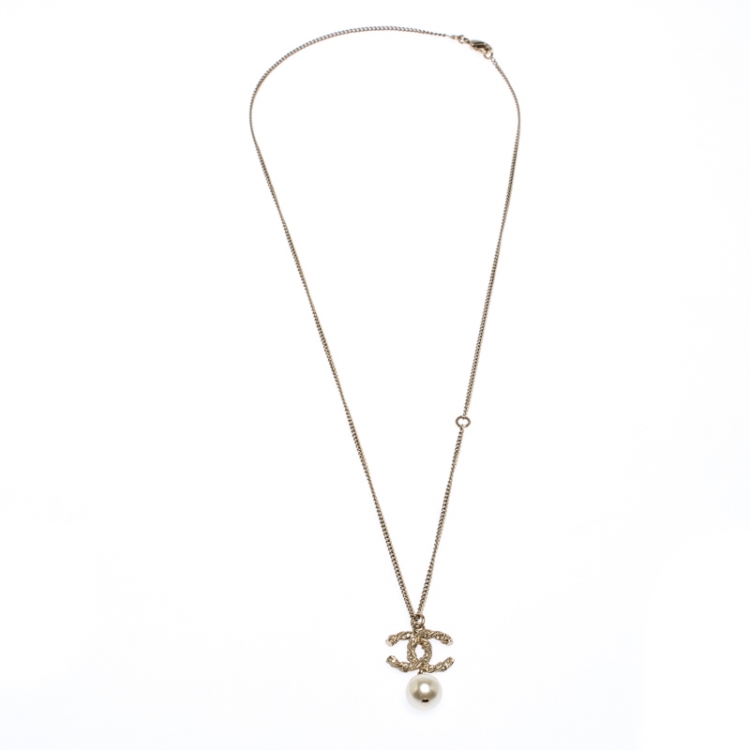 Chanel CC Crystal Faux Pearl Gold Tone Pendant Necklace Chanel