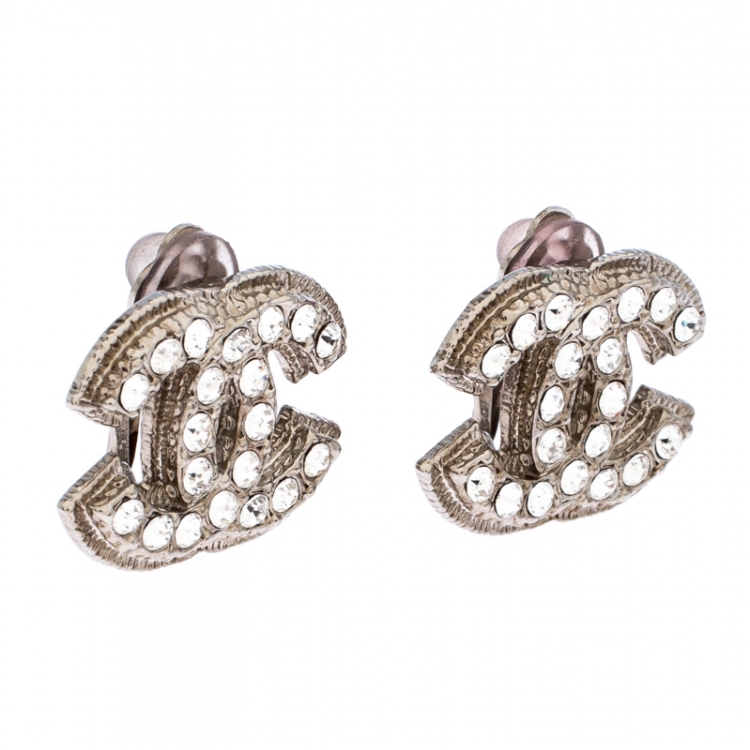 Chanel CC Crystal Silver Tone Clip-on Stud Earrings Chanel