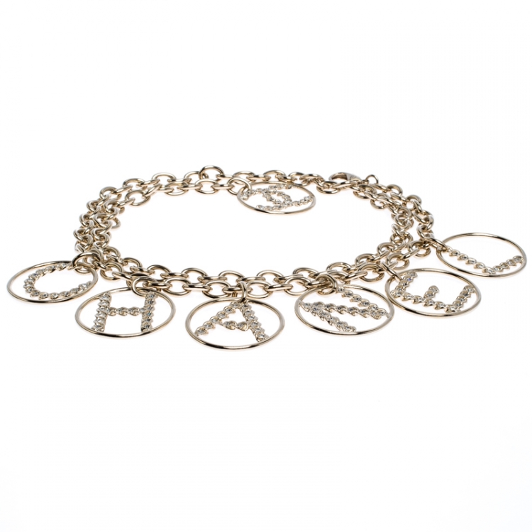 Pre Owned Chanel Crystal Gold Tone Chain Link Charm Belt