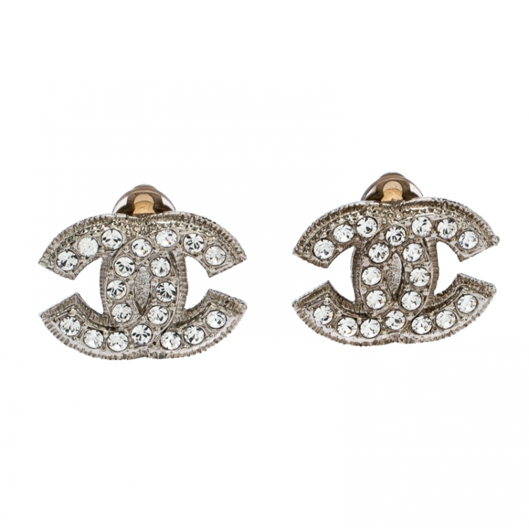 Chanel CC Logo Silver Tone Clip On Stud Earrings Chanel