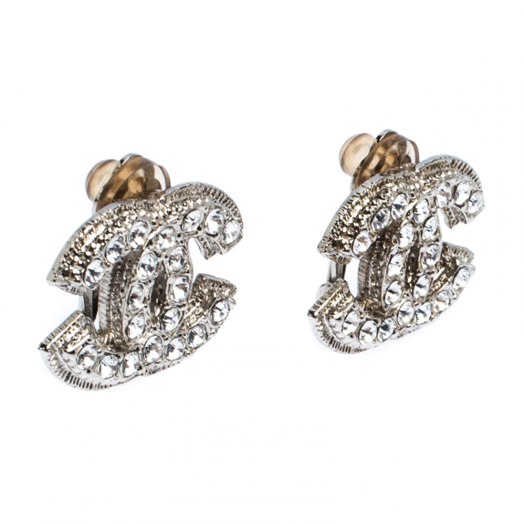 Chanel CC Crystal Silver Tone Clip On Stud Earrings Chanel