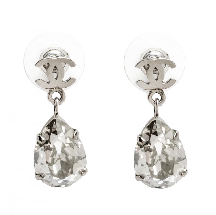 Chanel CC Crystal Teardrop Silver Tone Earrings Chanel | The Luxury Closet
