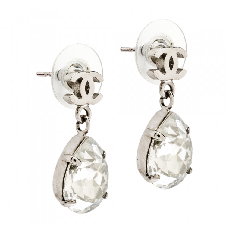Chanel Silver Metal And Crystal CC Teardrop Earrings Available For