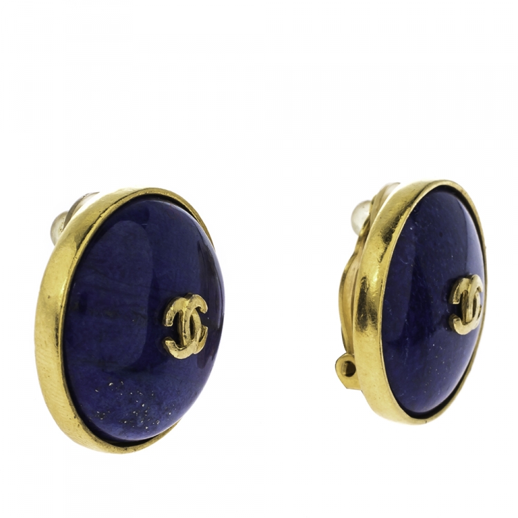 Chanel CC Blue Stone Gold Tone Clip On Earrings Chanel