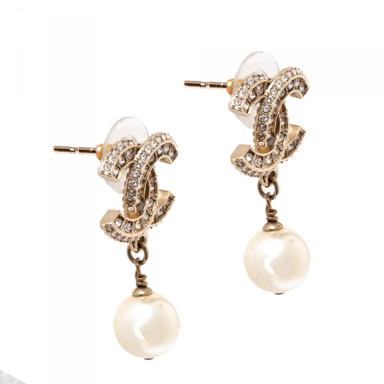 Chanel CC Faux Pearl Crystal Gold Tone Drop Earrings Chanel
