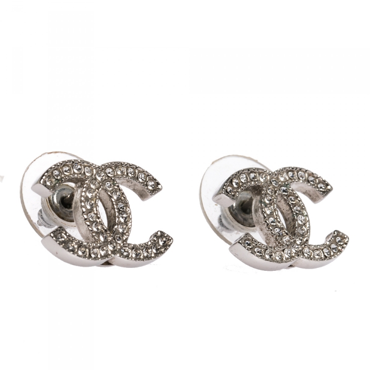 Chanel CC Crystal Embellished Silver Tone Stud Earrings Chanel
