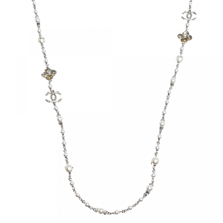 Chanel CC Crystal Enamel Faux Pearl Bead Silver Tone Long Station Necklace  Chanel